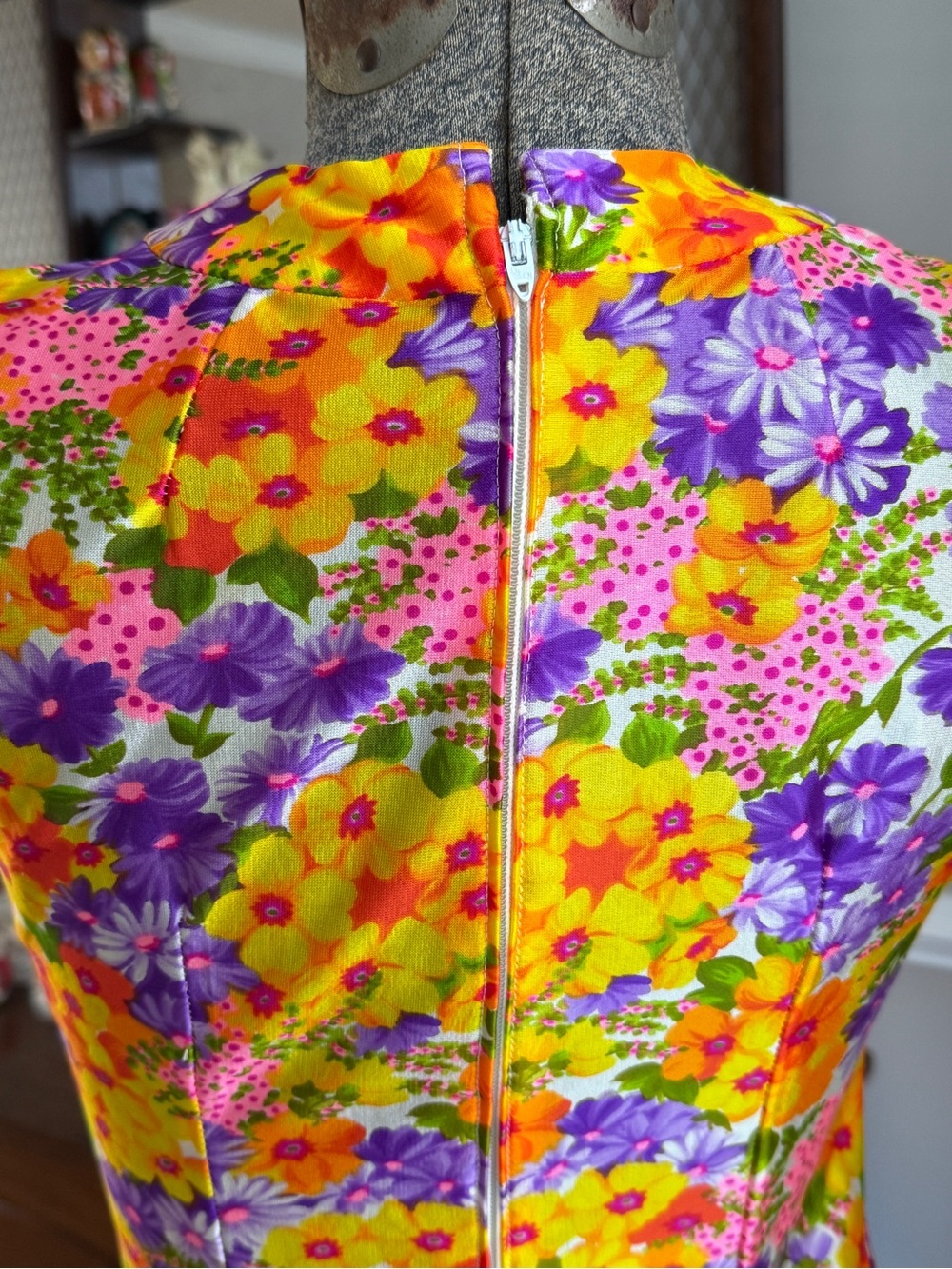Vtg OOAK 60s/70s Mod Floral Daisy Day Glo Handmade Maxi Dress Sz Sm - Picture 10 of 13